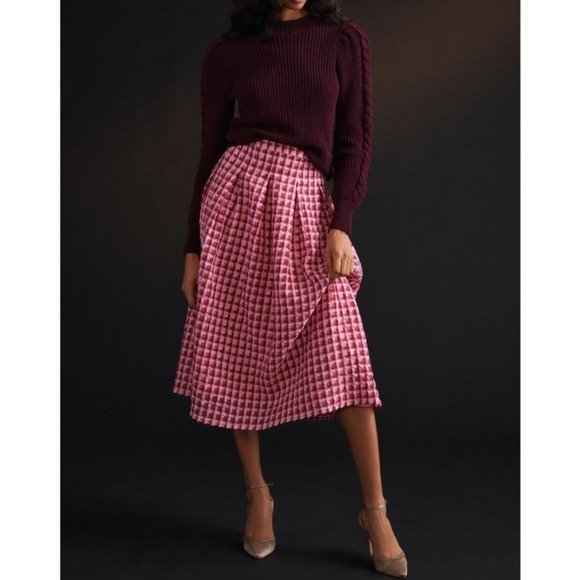 Eva Franco Dresses & Skirts - NEW Eva Franco Pink TEXTURED‎ PLAID Midi Skirt WOMEN 2 Party ANTHROPOLOGIE